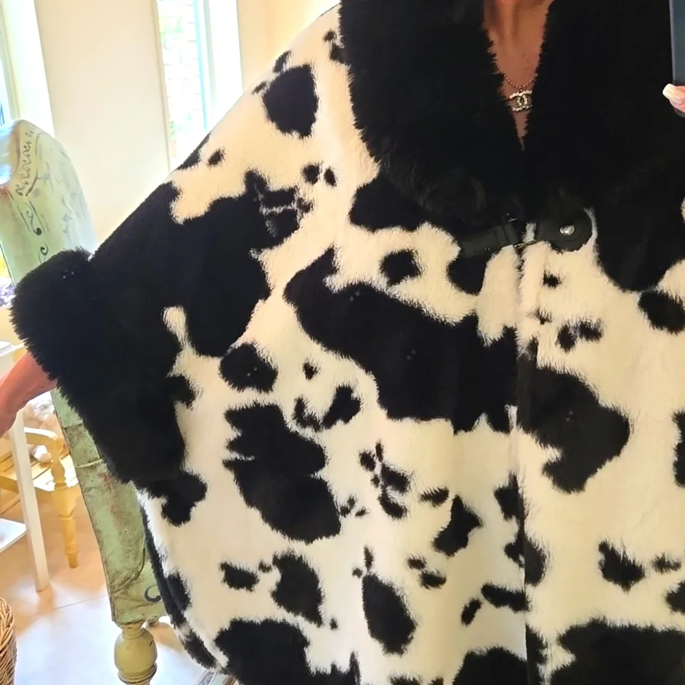 Black And White Faux Fur Cape/Coat With Bat Wing Sleeves